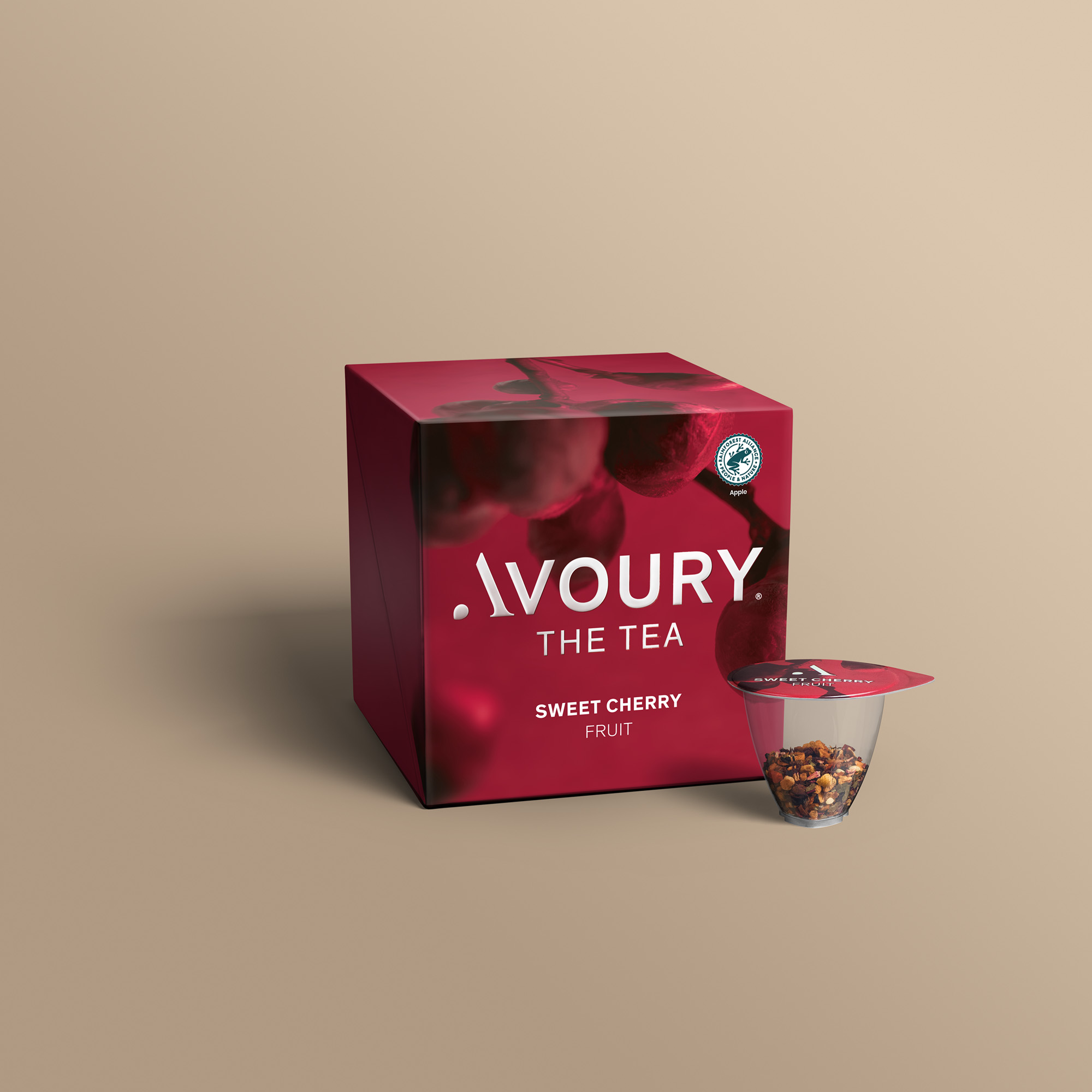 Avoury Sweet Cherry Teeverpackung mit Kapsel in 3D-Ansicht